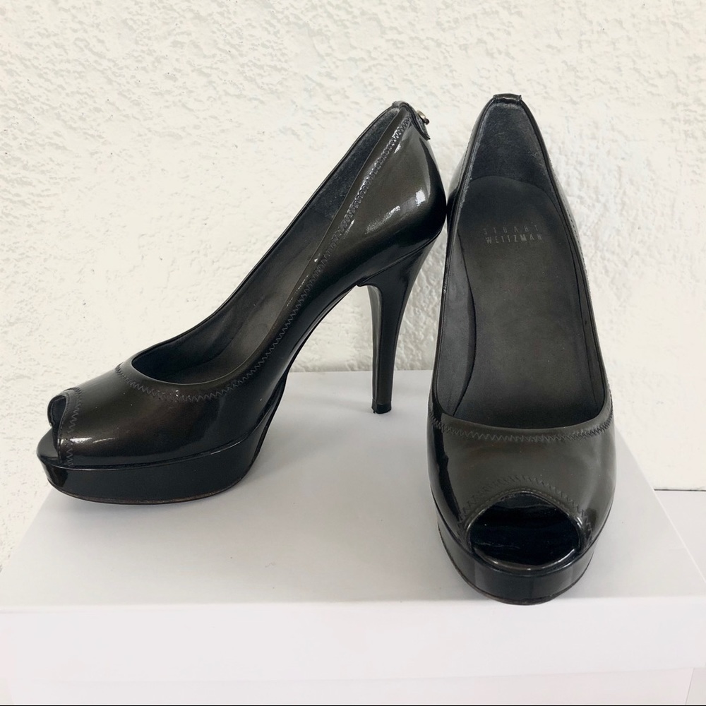 STUART WEITZMAN PATENT LEATHER PEEP TOE HEELS